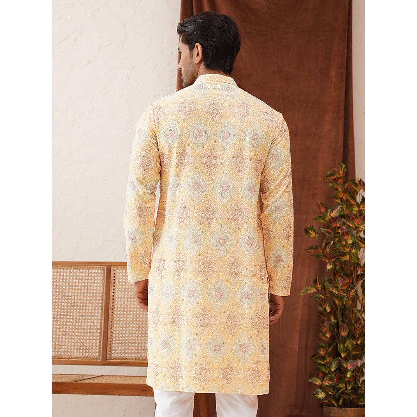 Jompers Yellow Embroidered Staight Kurtas For Men (Yellow, M)