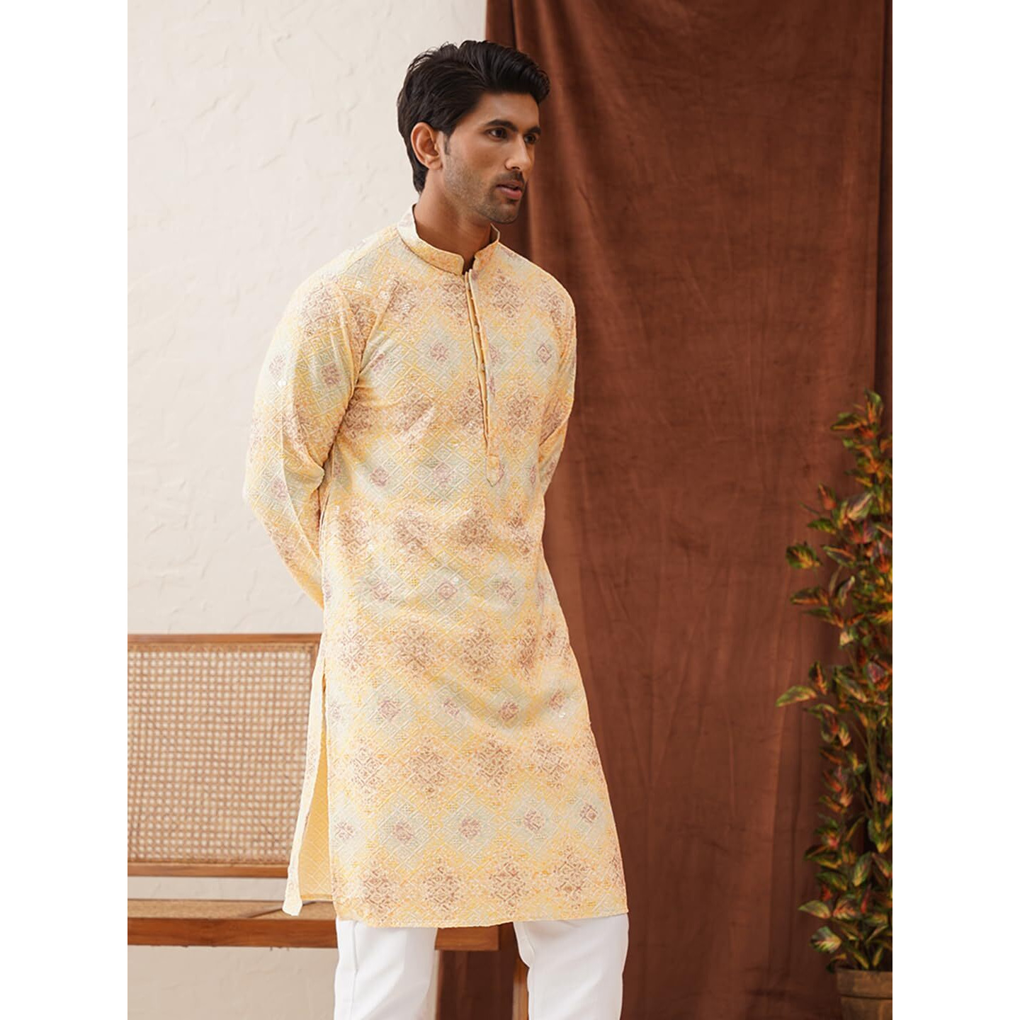 Jompers Yellow Embroidered Staight Kurtas For Men (Yellow, M)