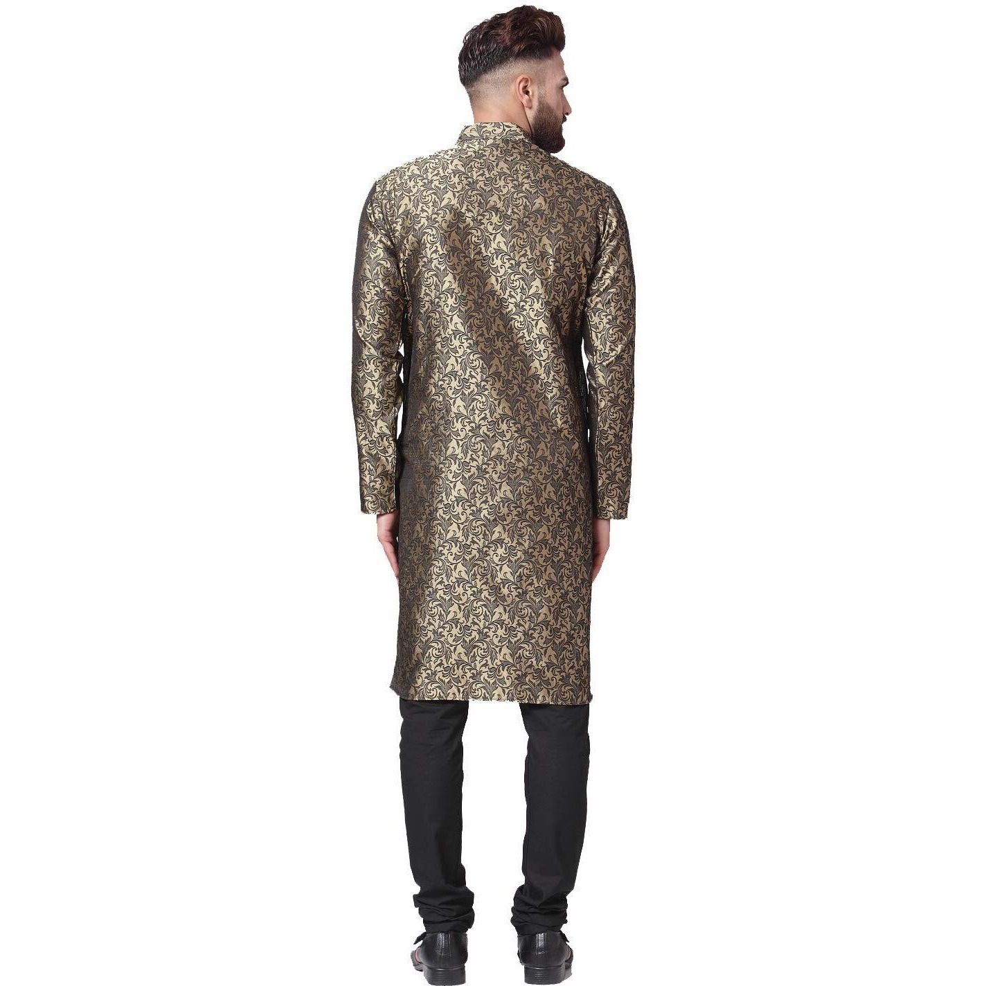 Jompers Men's Jacquard Silk Kurta And Pyjama Set(Golden,M)