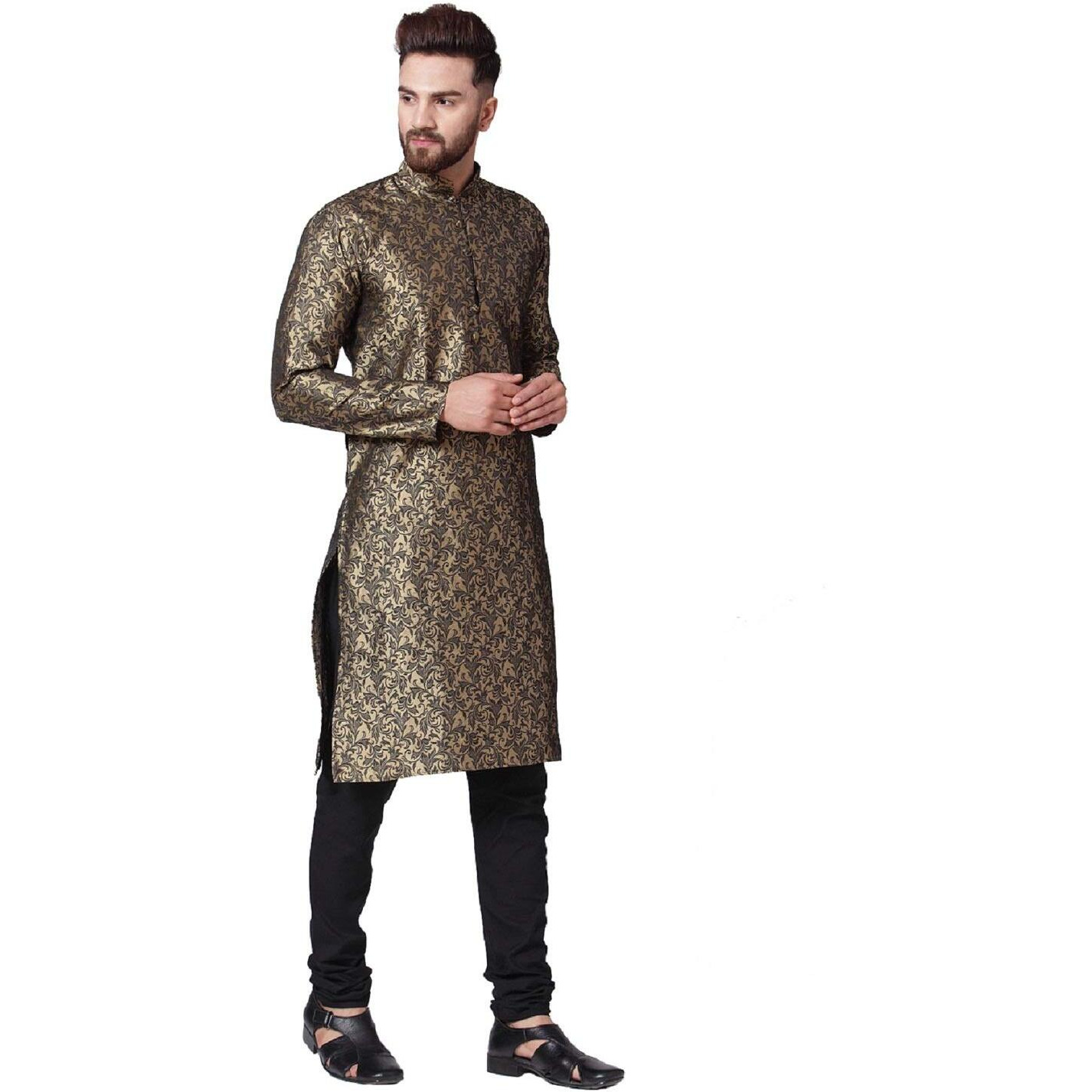 Jompers Men's Jacquard Silk Kurta And Pyjama Set(Golden,M)