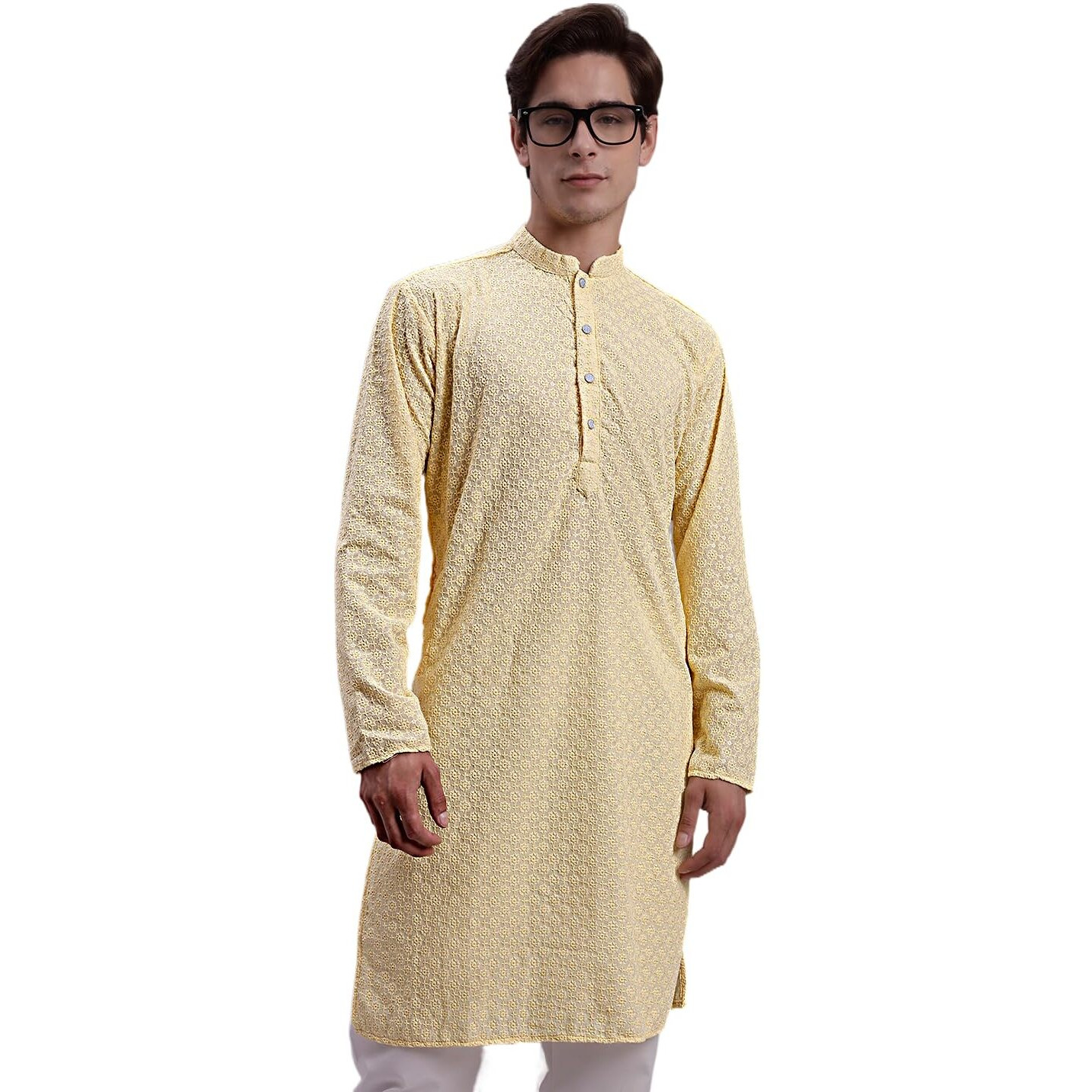 Jompers Men's Embroidered Chikankari And Sequence Kurtas (Yellow, Xxl)