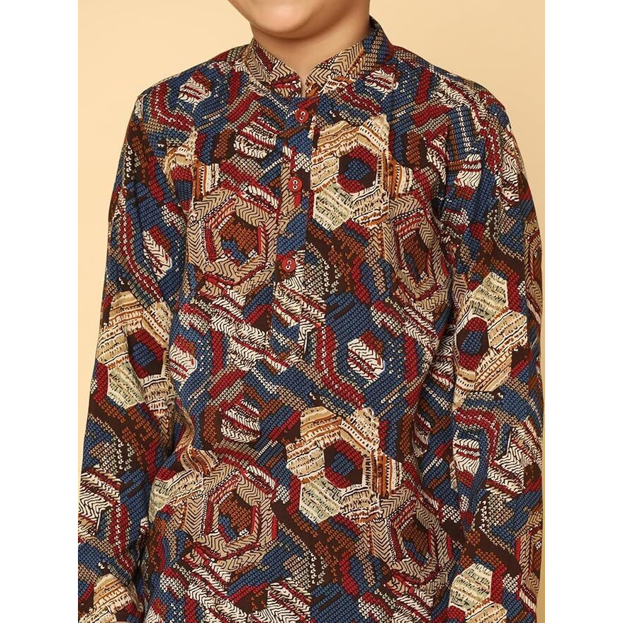 Kisah Kid's Cotton Full Sleeves Regular Fit Knee Length Abstract Maroon Kurta (7-8Y)