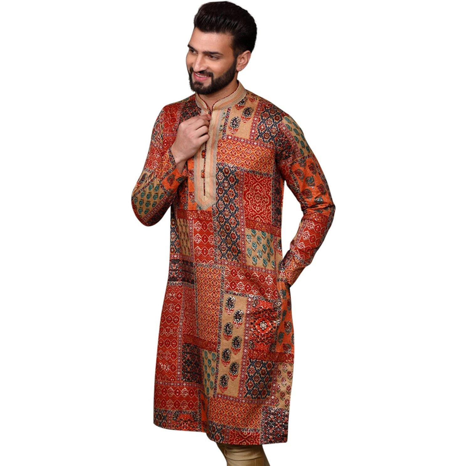 Kisah Men Red Kurta, Cotton, Full Sleaves, Knee Length, Straight, Regular Fit, Mandarin Collar Ethnic Wear, 40