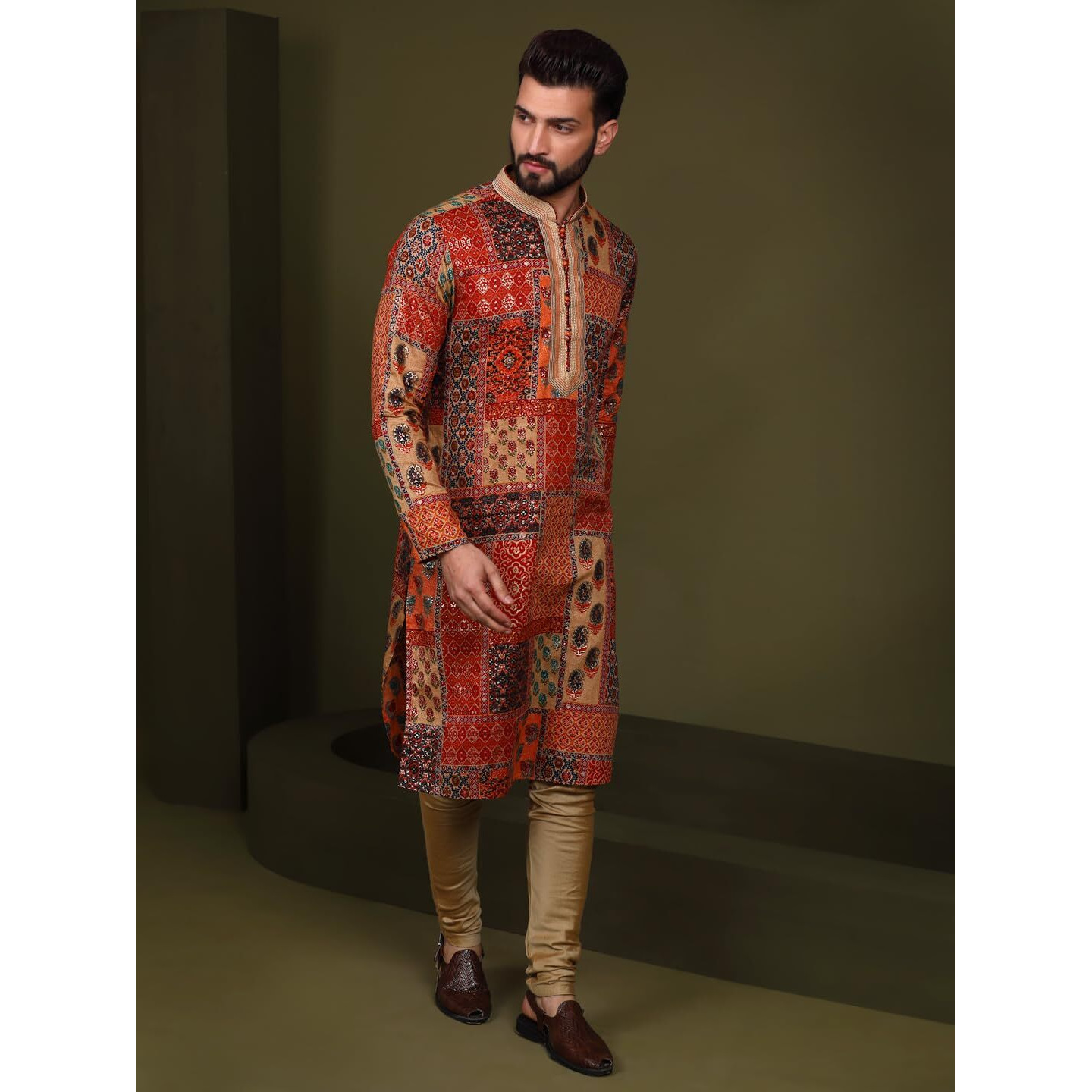 Kisah Men Red Kurta, Cotton, Full Sleaves, Knee Length, Straight, Regular Fit, Mandarin Collar Ethnic Wear, 40
