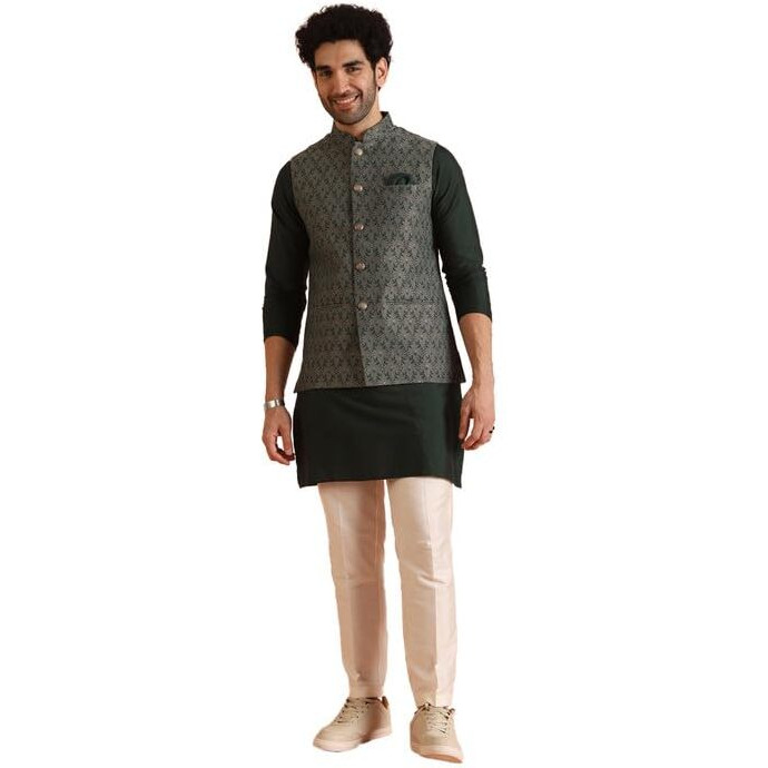 Kisah Silk Blend Kurta Jacket Trouser Set For Men | Nehru Jacket Waistcoat Kurta Set With Trousers | Mens Ethnic Collections-Ka-0974-5427-T301-40-Green