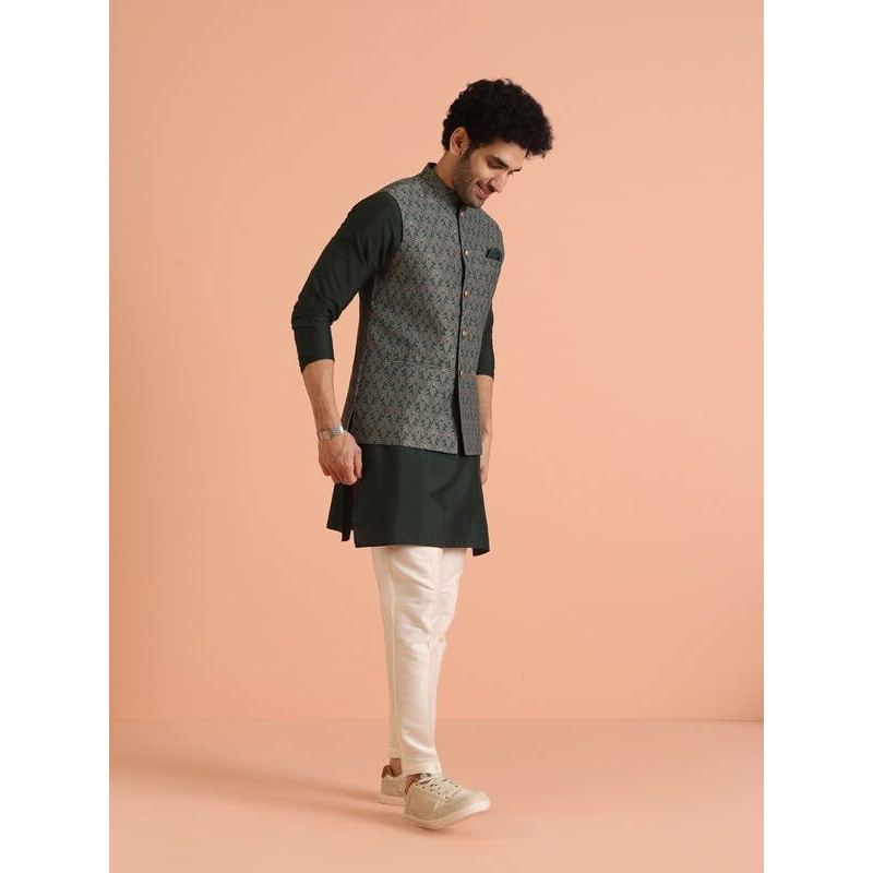 Kisah Silk Blend Kurta Jacket Trouser Set For Men | Nehru Jacket Waistcoat Kurta Set With Trousers | Mens Ethnic Collections-Ka-0974-5427-T301-40-Green