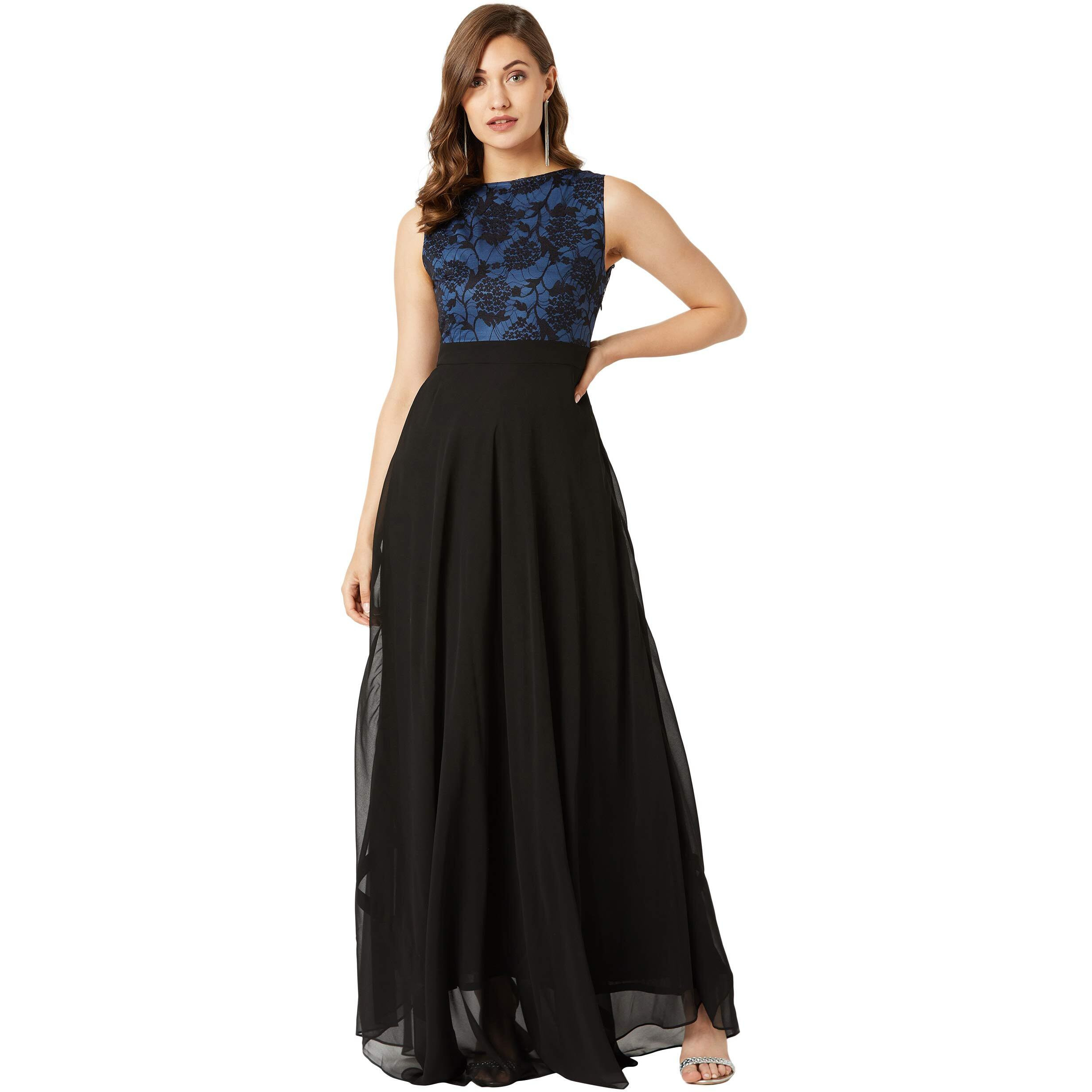 Miss Chase Women's Round Neck Sleeveless Georgette Floral Lace Fit & Flare Maxi Dress