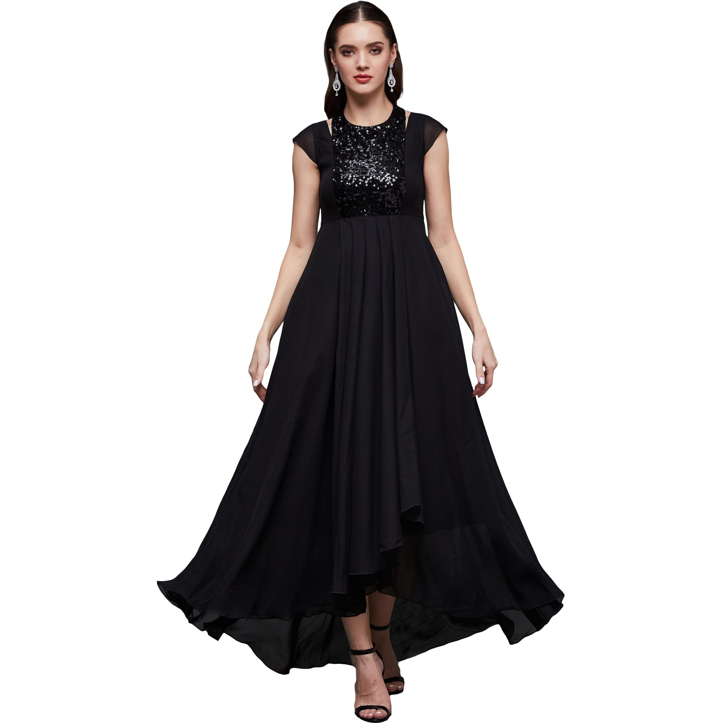 Miss Chase Women's Halter Neck Cap Sleeve Solid Pleated Embellished Georgette Maxi Dress With Pockets (Mcaw21D06-12-62-04, Black, M)