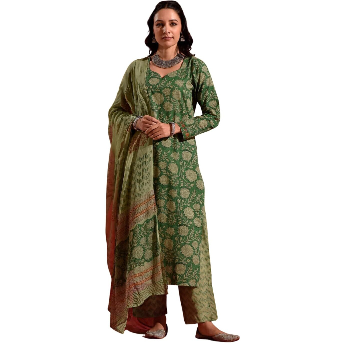 Nainvish Women's Green Printed Straight Rayon Sweetheart Neck Kurta Pant With Dupatta (Sd692_Kbd-M)
