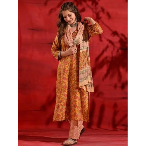 Nainvish Women's Rayon Printed Straight V-Neck Kurta Pant With Dupatta (Sd689_Kbd-S_Yellow)