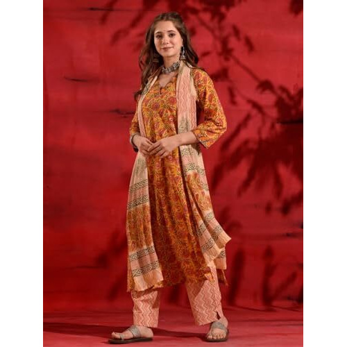 Nainvish Women's Rayon Printed Straight V-Neck Kurta Pant With Dupatta (Sd689_Kbd-S_Yellow)