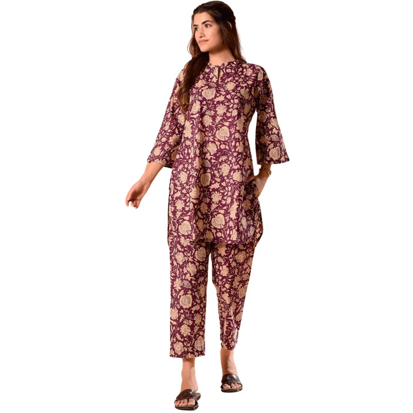 Nainvish Women's Maroon Printed Straight Rayon Keyhole Neck Co-Ord Set (Sd678_Kb-Xl)