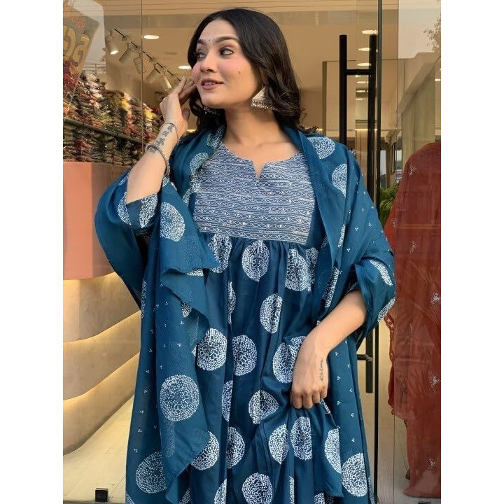 Nermosa Women Printed Anarkali Kurta And Pant Set With Dupatta | Suit Set | (In, Alpha, L, Blue)
