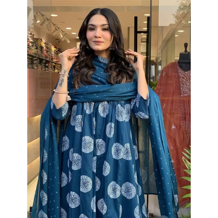 Nermosa Women Printed Anarkali Kurta And Pant Set With Dupatta | Suit Set | (In, Alpha, L, Blue)