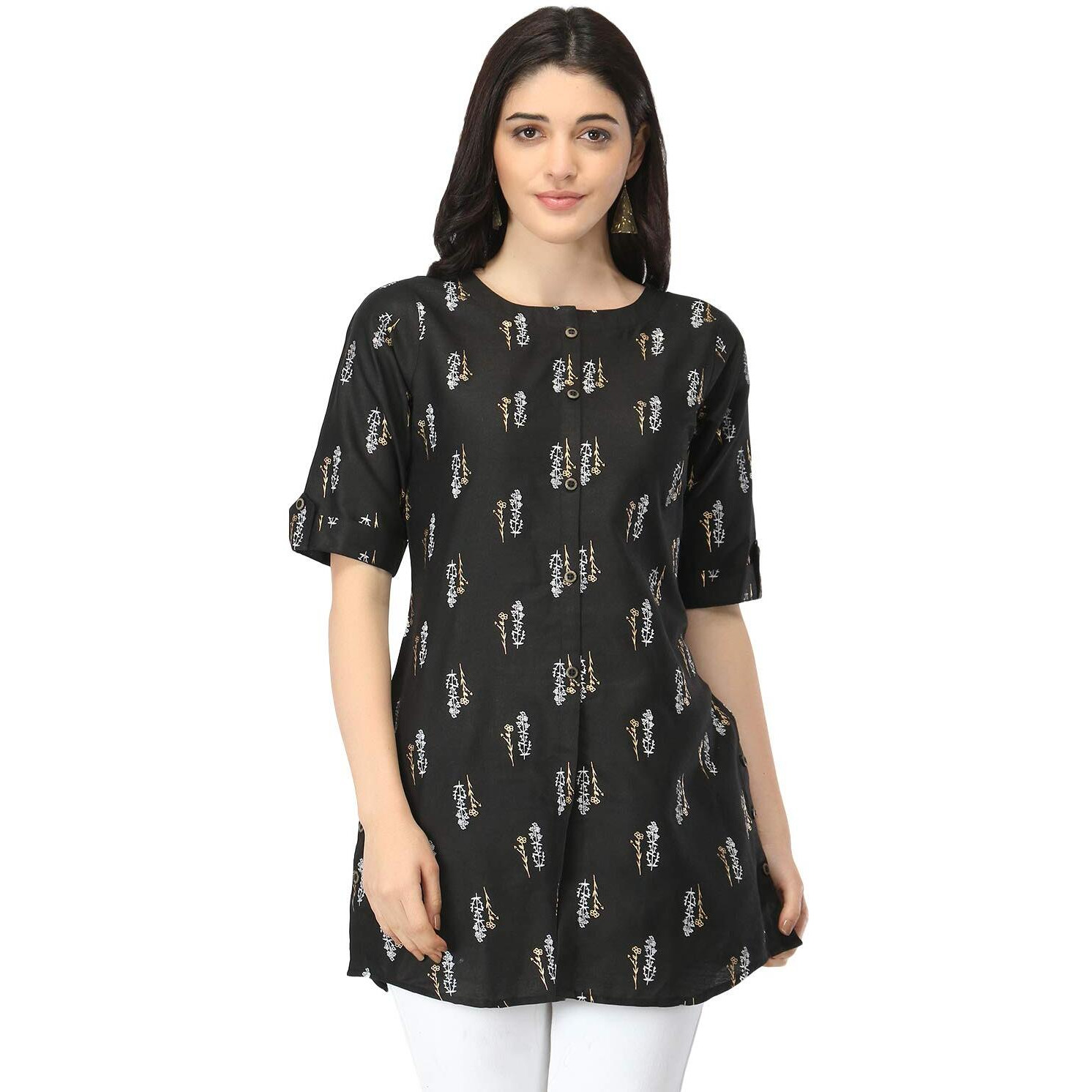 Om Sai Latest Creation Slub Rayon Fully Stitched Anarkali Foil Print Kurti For Women & Girls On Jeans Palazzo Or Skirt (Plus Size Upto 2Xl) (Black)