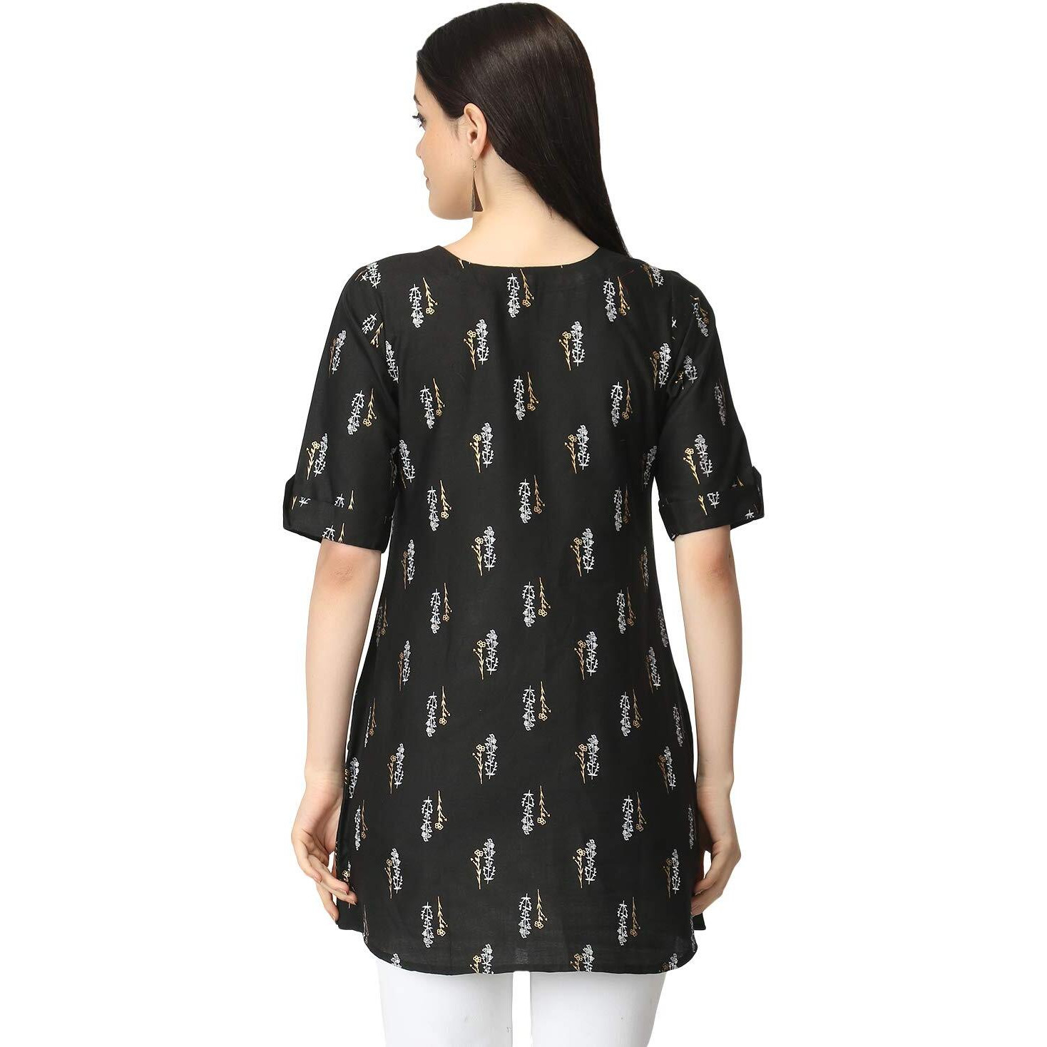 Om Sai Latest Creation Slub Rayon Fully Stitched Anarkali Foil Print Kurti For Women & Girls On Jeans Palazzo Or Skirt (Plus Size Upto 2Xl) (Black)