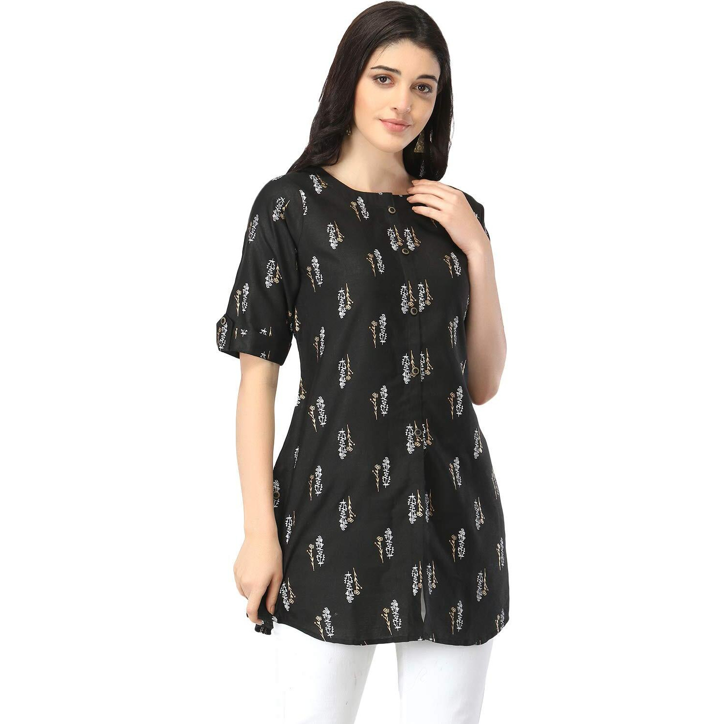 Om Sai Latest Creation Slub Rayon Fully Stitched Anarkali Foil Print Kurti For Women & Girls On Jeans Palazzo Or Skirt (Plus Size Upto 2Xl) (Black)