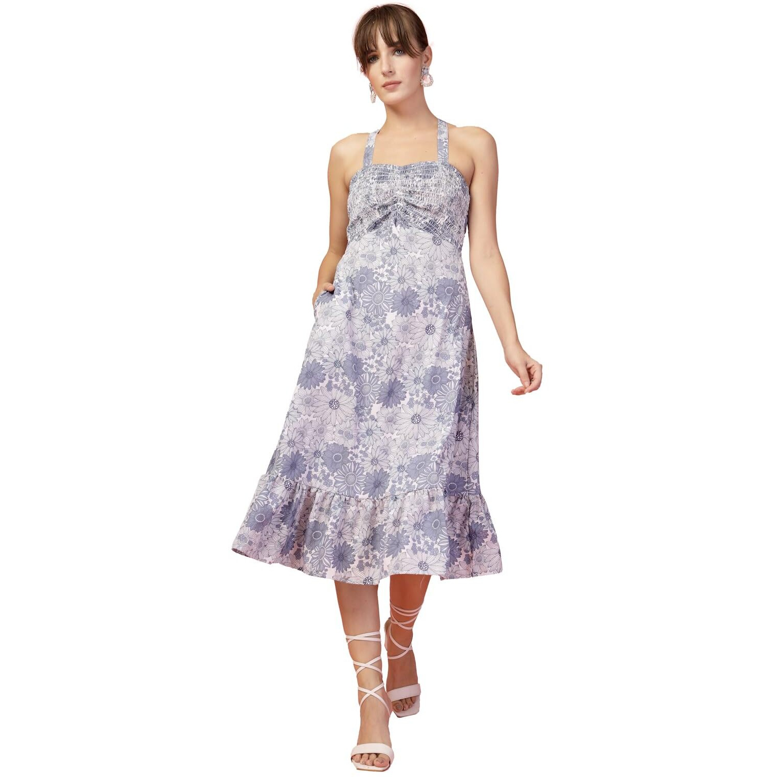 Oomph Women's Western & Fusion Wear Printed Crepe Dress For Women, Smocked Bodice, Blue - Md1059