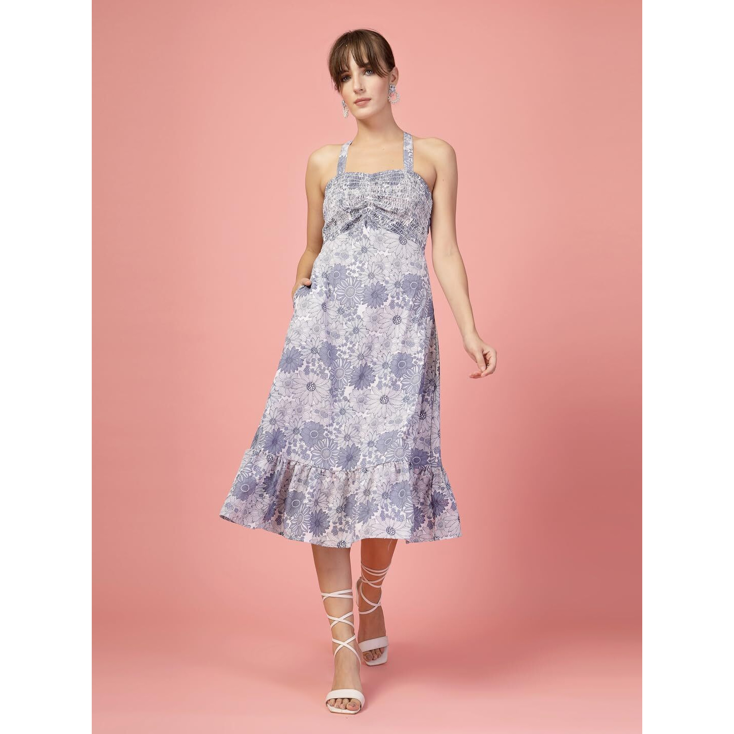 Oomph Women's Western & Fusion Wear Printed Crepe Dress For Women, Smocked Bodice, Blue - Md1059