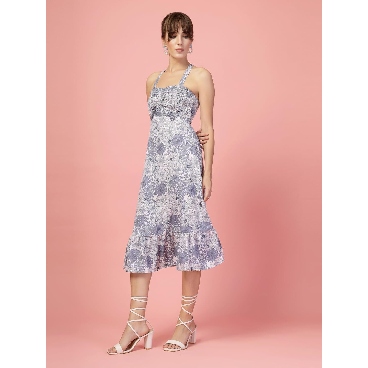 Oomph Women's Western & Fusion Wear Printed Crepe Dress For Women, Smocked Bodice, Blue - Md1059