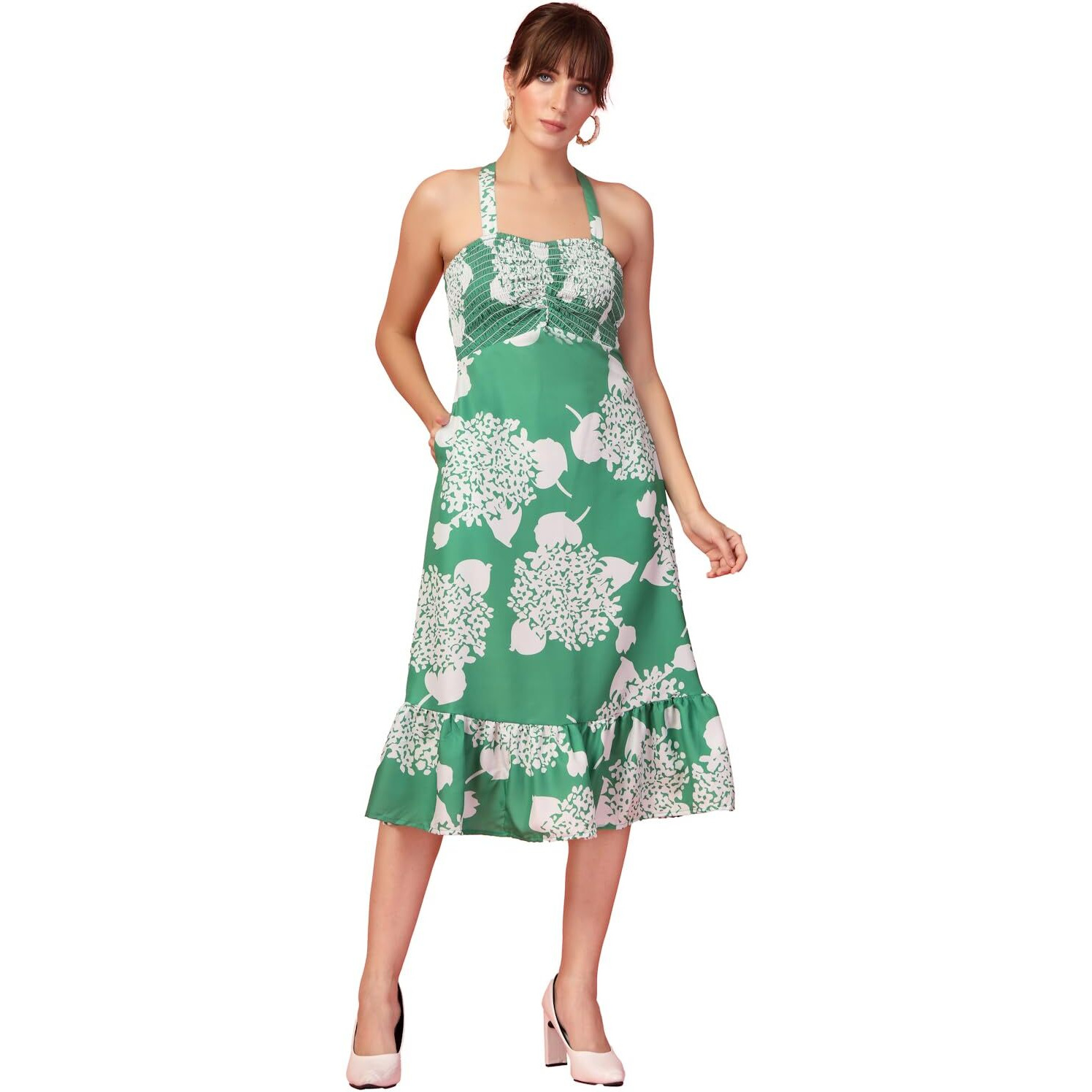 Oomph Women's Western & Fusion Wear Printed Crepe Dress For Women, Smocked Bodice, Green - Md1051