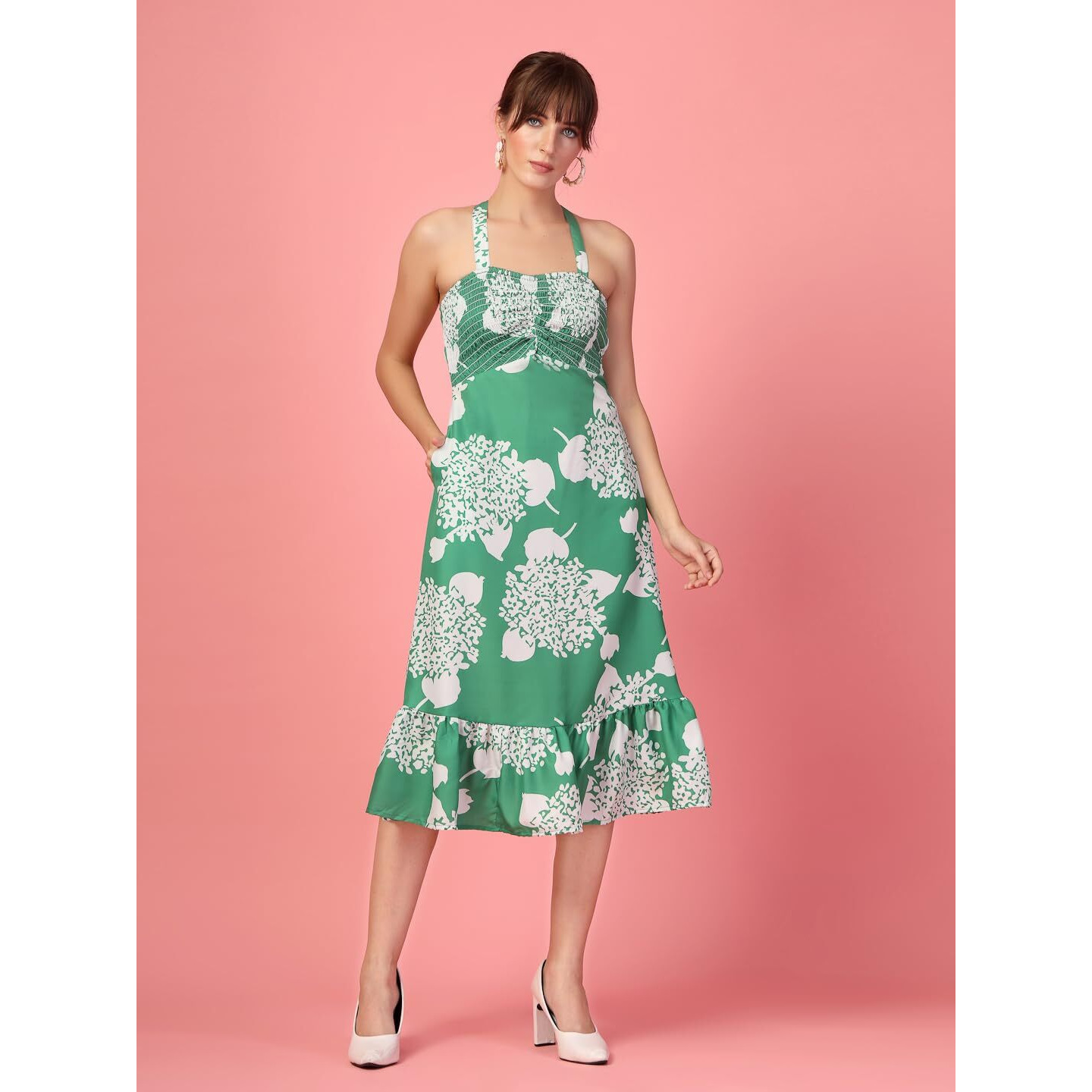 Oomph Women's Western & Fusion Wear Printed Crepe Dress For Women, Smocked Bodice, Green - Md1051