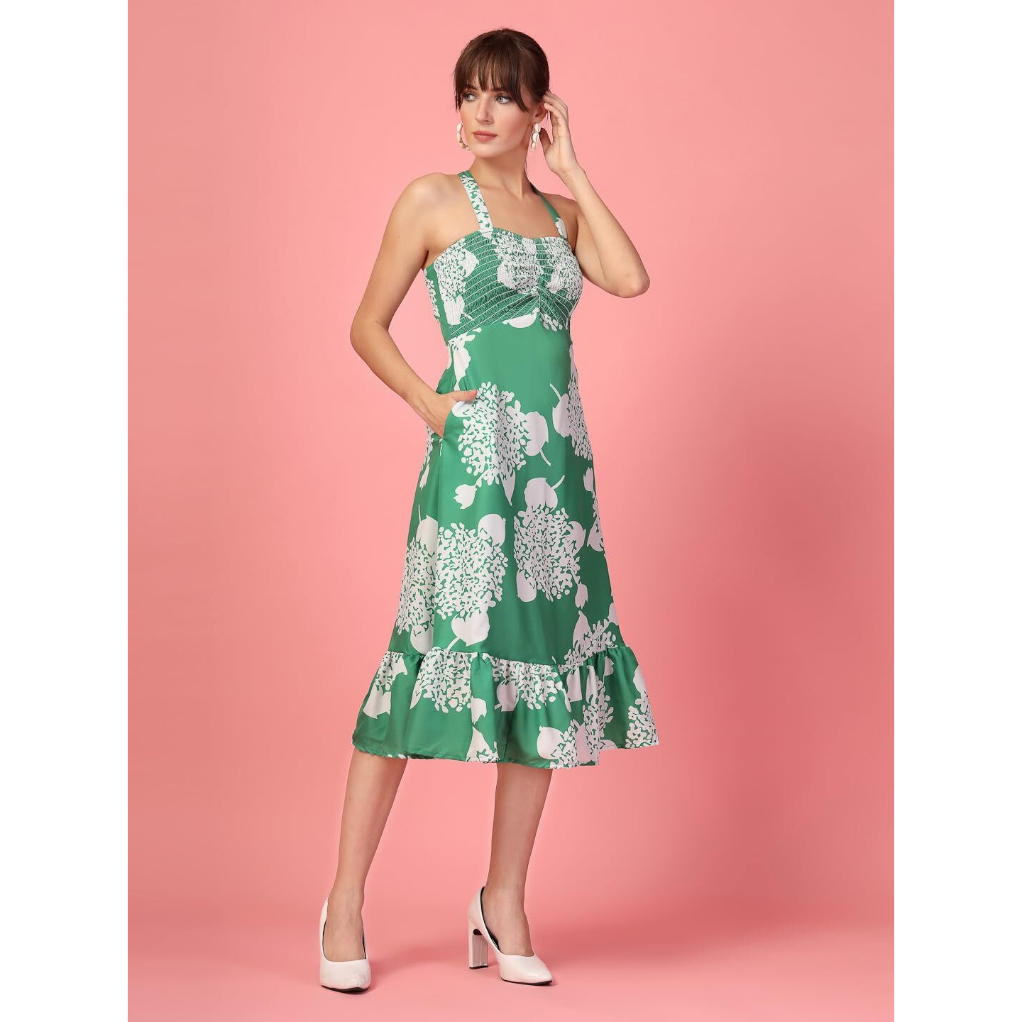 Oomph Women's Western & Fusion Wear Printed Crepe Dress For Women, Smocked Bodice, Green - Md1051