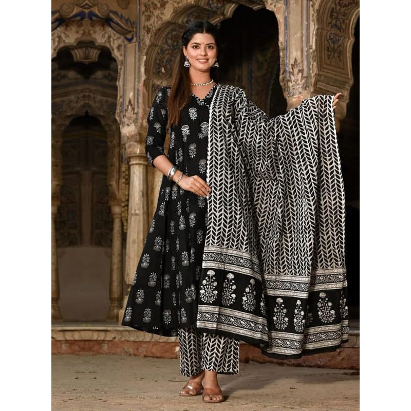 Pinkmint Women Cotton Blend Indigo Printed Printed Kurta With Pant & Dupatta