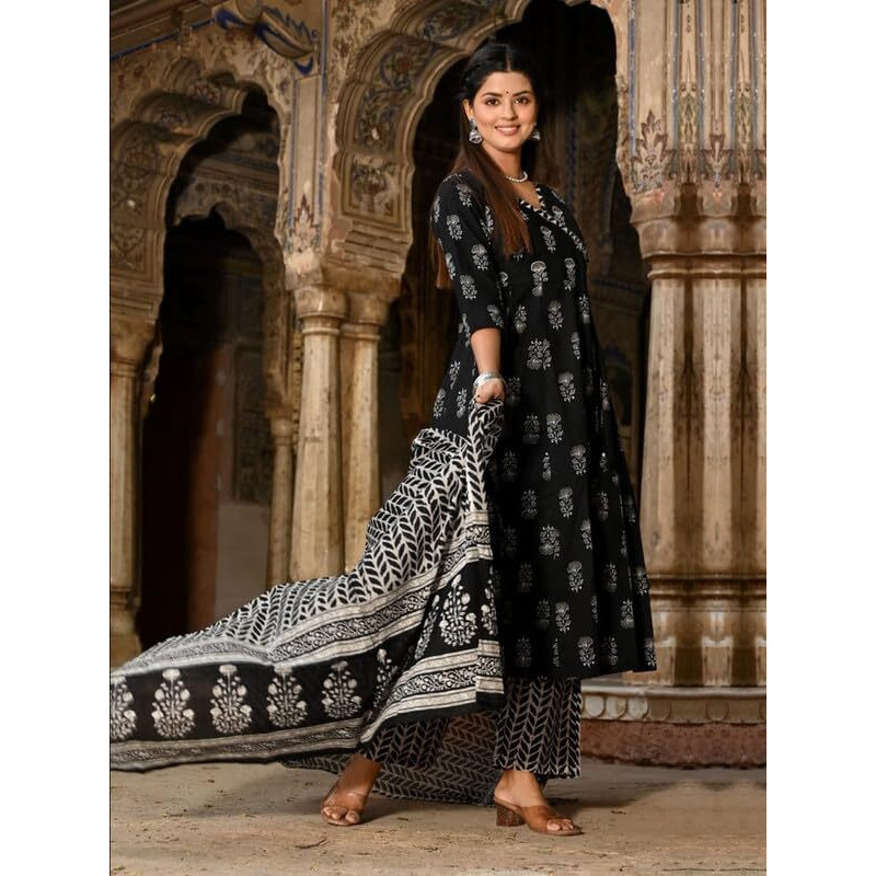 Pinkmint Women Cotton Blend Indigo Printed Printed Kurta With Pant & Dupatta