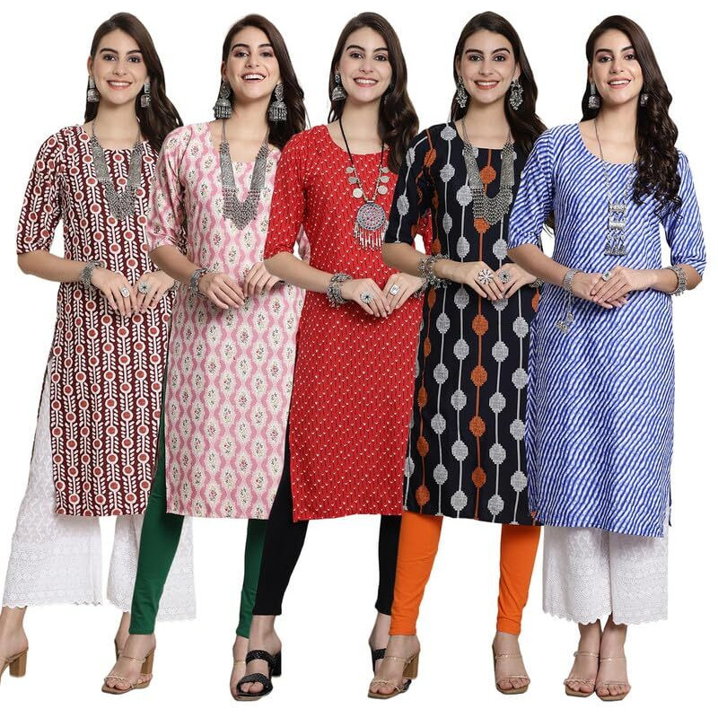 Pinkmint Women's Crepe Kurti For Women's Ethnic Printed Kurti For Women's (Pack Of 5)