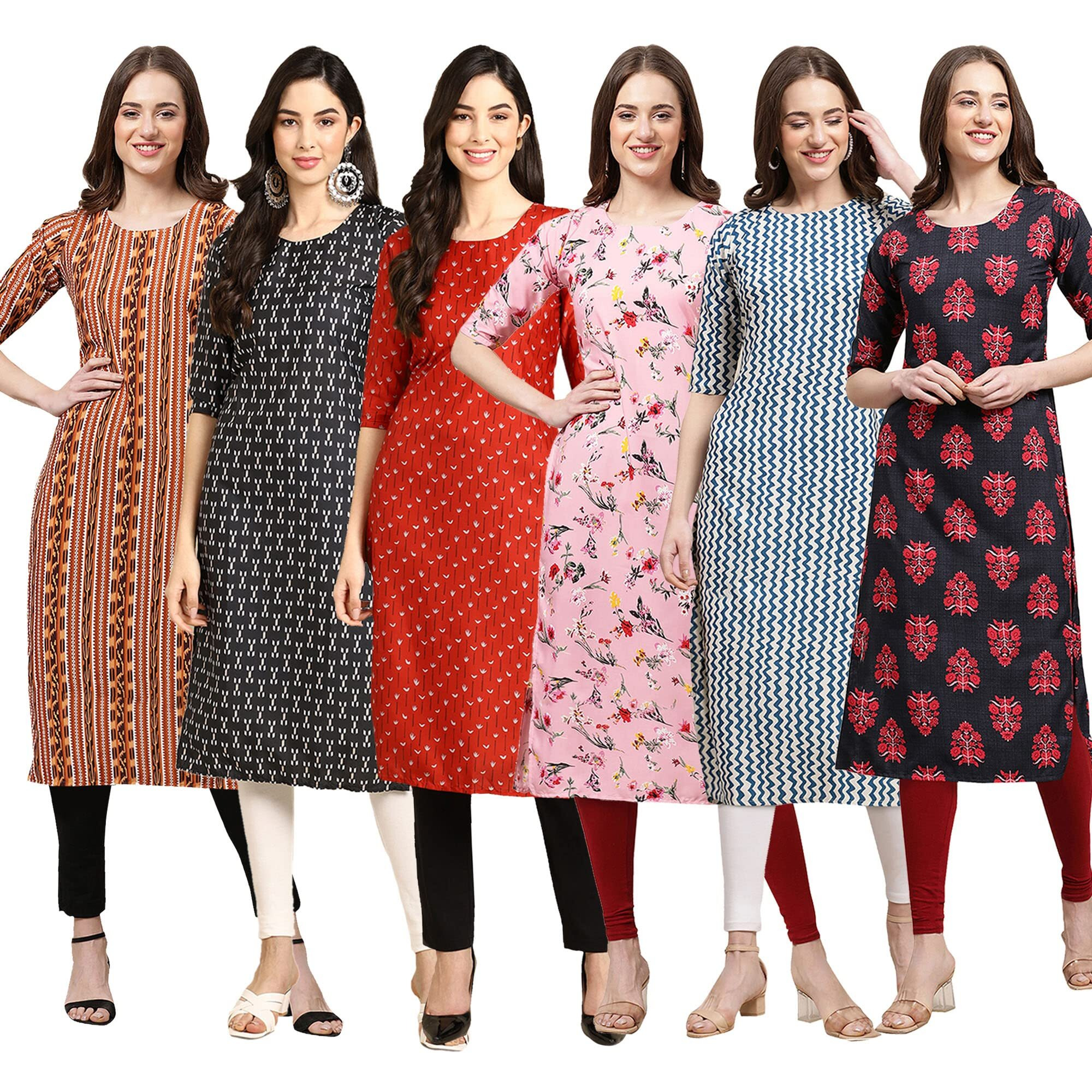 Pinkmint Women's Crepe Digital Print Straight Kurta Pack Of 6 [Cr-344-362-370-334-331-345-M]