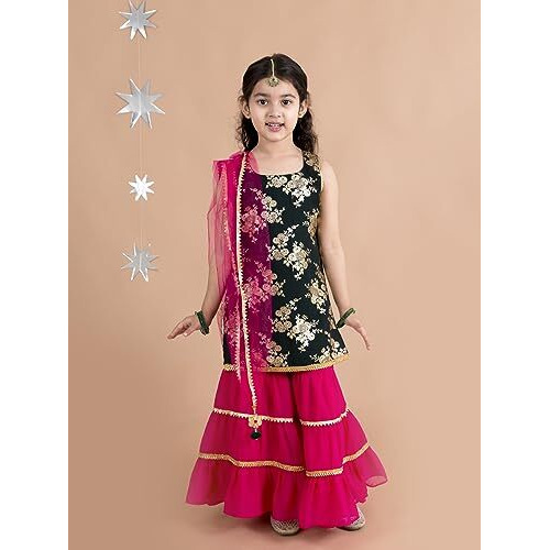 Pspeaches Girls Floral Printed Panelled Kurti With Skirt With Dupatta (Green-6-7Y)