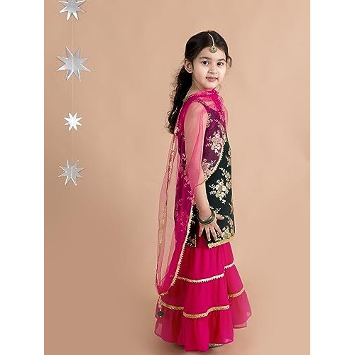 Pspeaches Girls Floral Printed Panelled Kurti With Skirt With Dupatta (Green-6-7Y)