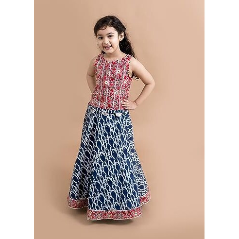 Pspeaches Girl's Blue Red Printed Cotton Readymade Lehenga Set (Blue-2-3Y)