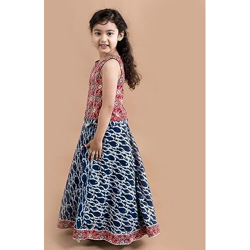 Pspeaches Girl's Blue Red Printed Cotton Readymade Lehenga Set (Blue-2-3Y)