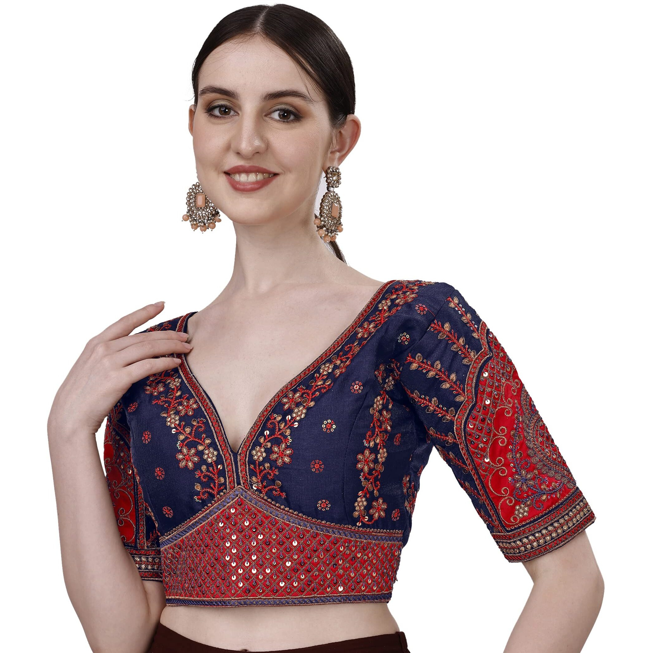 Pujia Mills Women's Heavy Embroidery Coding With Sequins Work Half Sleeves Fancy Readymade Saree Blouse(Rajwadi Navy Blue_42)