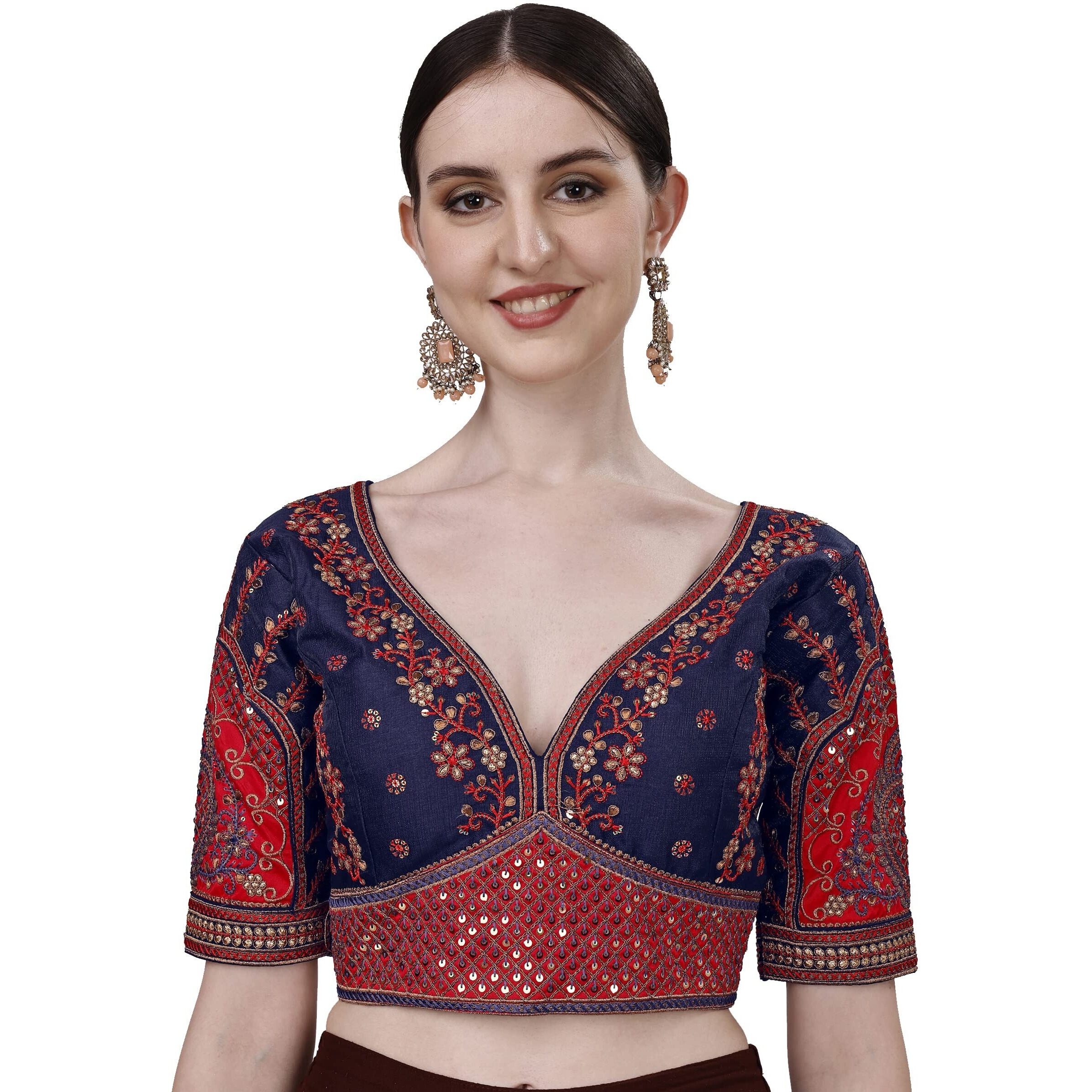 Pujia Mills Women's Heavy Embroidery Coding With Sequins Work Half Sleeves Fancy Readymade Saree Blouse(Rajwadi Navy Blue_42)
