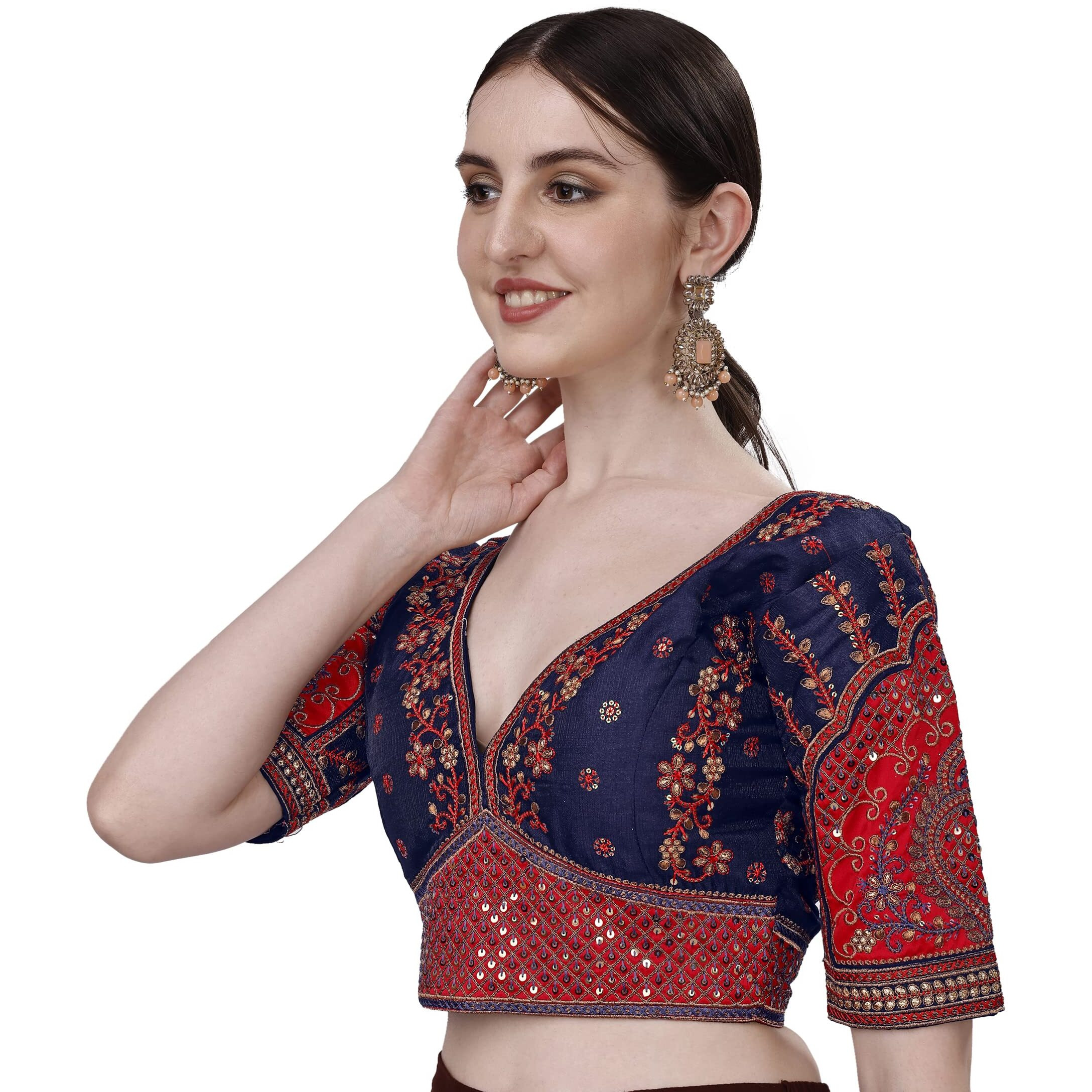 Pujia Mills Women's Heavy Embroidery Coding With Sequins Work Half Sleeves Fancy Readymade Saree Blouse(Rajwadi Navy Blue_42)