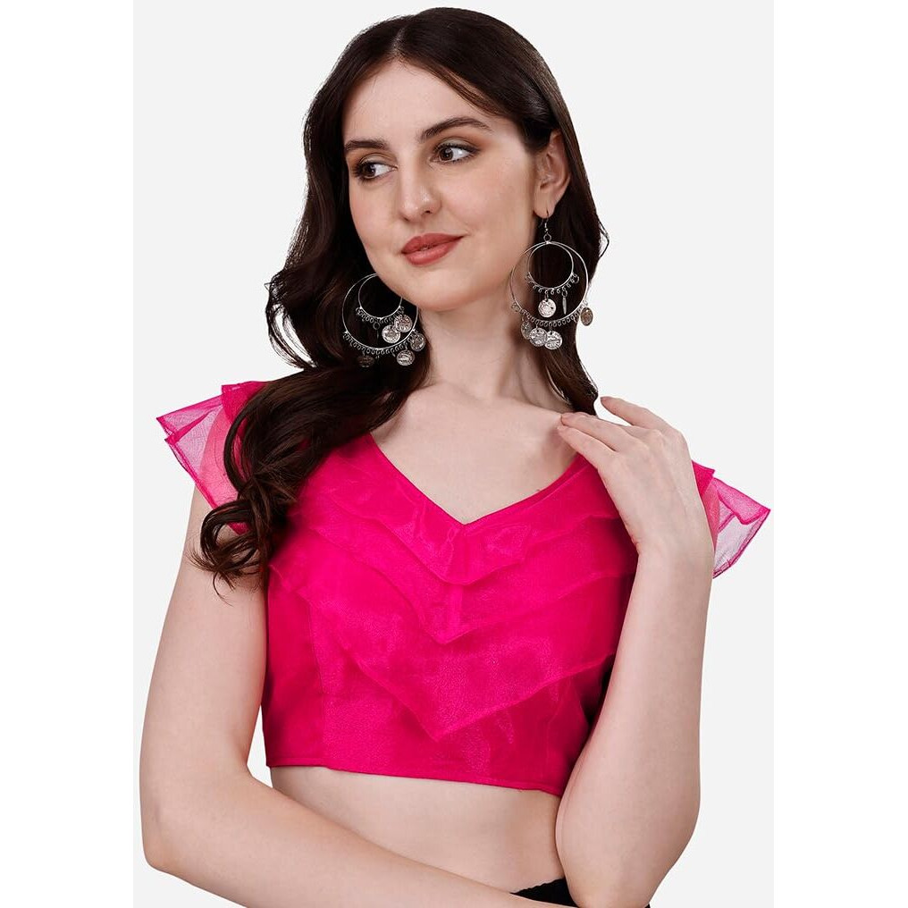 Pujia Mills Women's V Neck Orgenza Three Layer Ruffle Sleeve Frill Readymade Saree Blouse