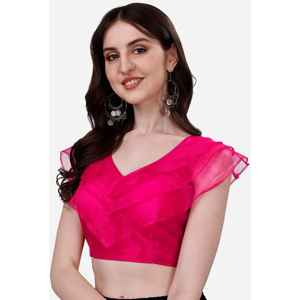 Pujia Mills Women's V Neck Orgenza Three Layer Ruffle Sleeve Frill Readymade Saree Blouse