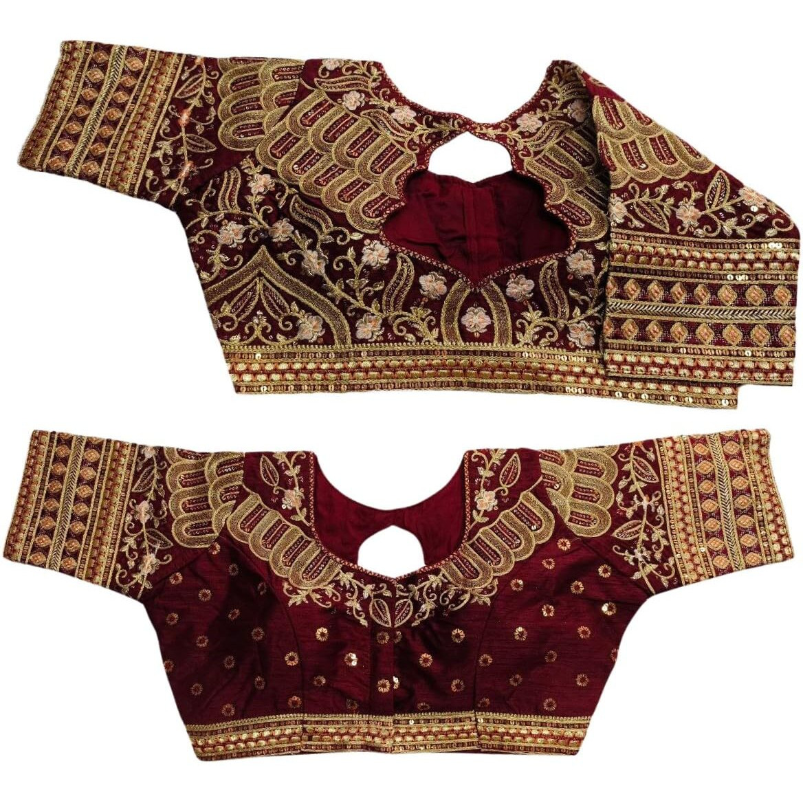 Pujia Mills Women's Silk Half Sleeve Readymade Embroidery Multi Coding Gold Thread Indian Ethnic Designer Stitched Saree Blouse Maroon Color For Saree Lehenga Choli 36
