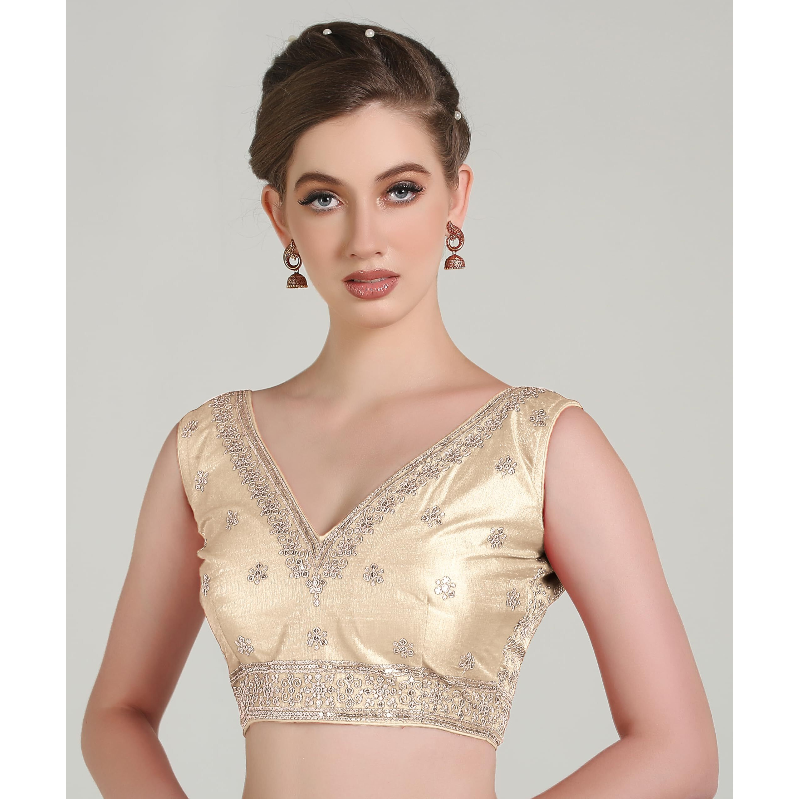 Pujia Mills Women's Indian Ethnic Wear Designer Golden Zari Embroidery With Sequence Work V Neck Sleeveless Readymadeback Side Worked Saree Blouse Readymade Cream Blouse Lehenga Choli