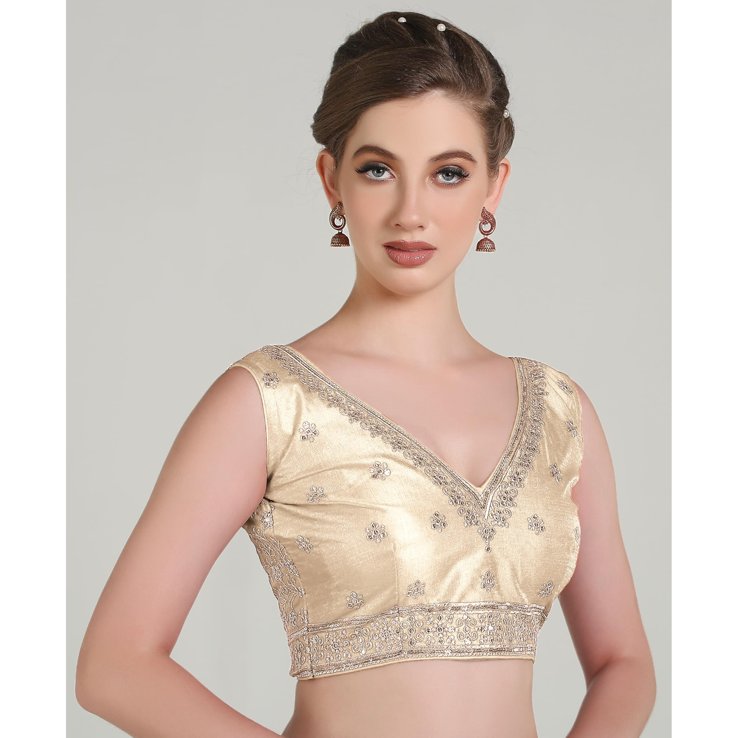 Pujia Mills Women's Indian Ethnic Wear Designer Golden Zari Embroidery With Sequence Work V Neck Sleeveless Readymadeback Side Worked Saree Blouse Readymade Cream Blouse Lehenga Choli
