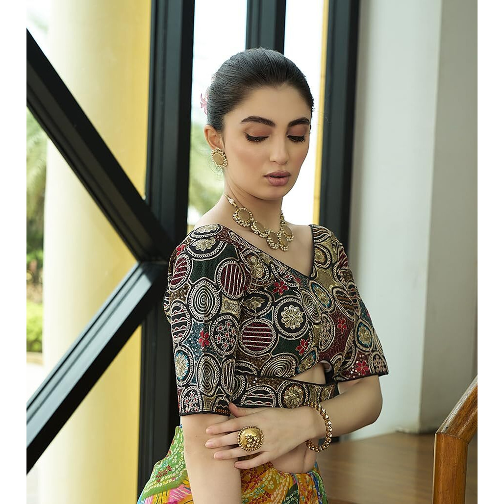 Pujia Mills Women's Blouse Readymade Embroidery Multicoding Gold Thread And Multicolor Dhaga Work Handwork Readymade Saree Blouse For Women For Saree And Lehenga Choli (A2420 Parent) (Black, 42)