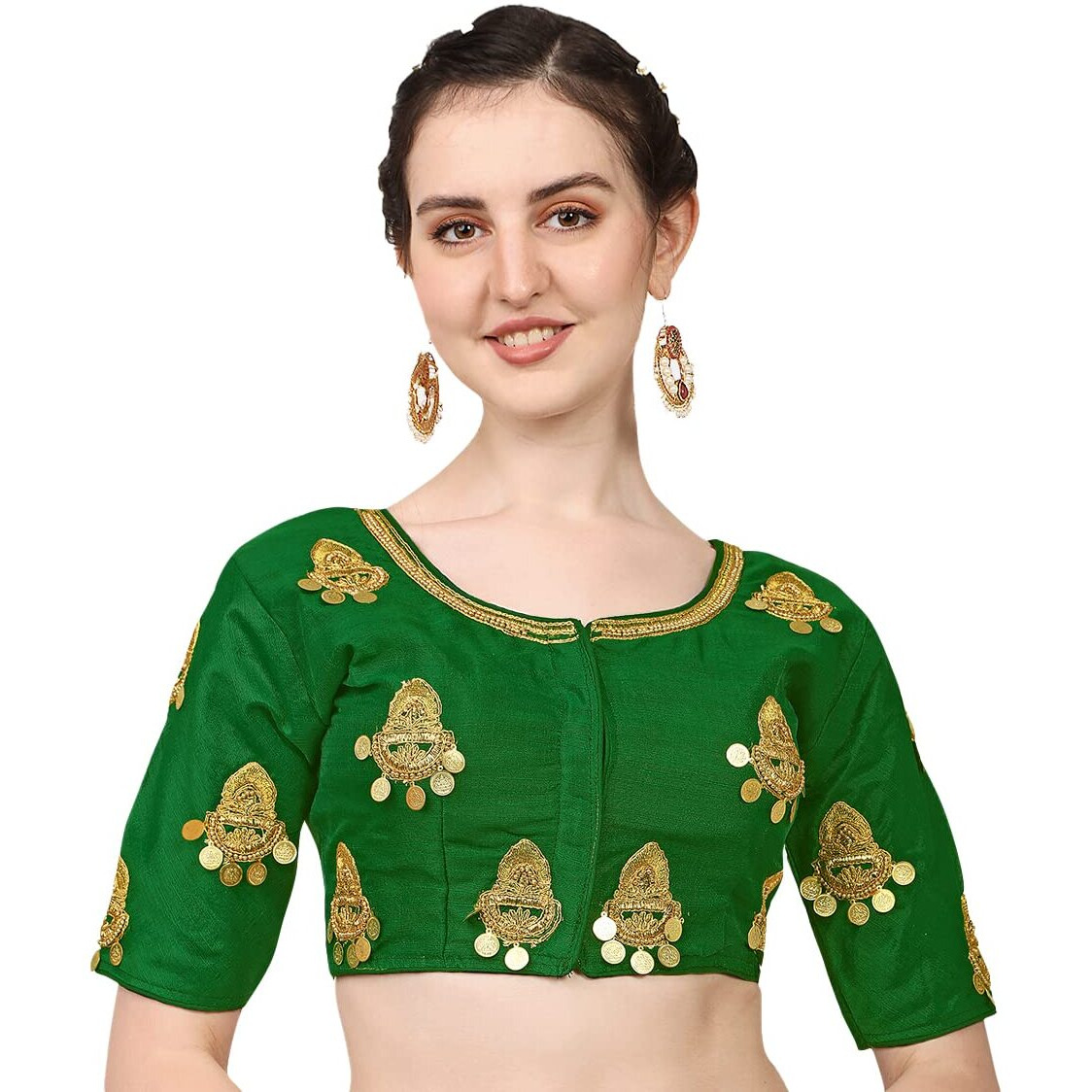 Pujia Mills Women's Silk Embroidery Maggam Lakshmi Coin Work Readymade Saree Blouse