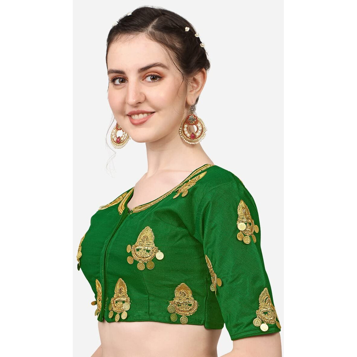 Pujia Mills Women's Silk Embroidery Maggam Lakshmi Coin Work Readymade Saree Blouse