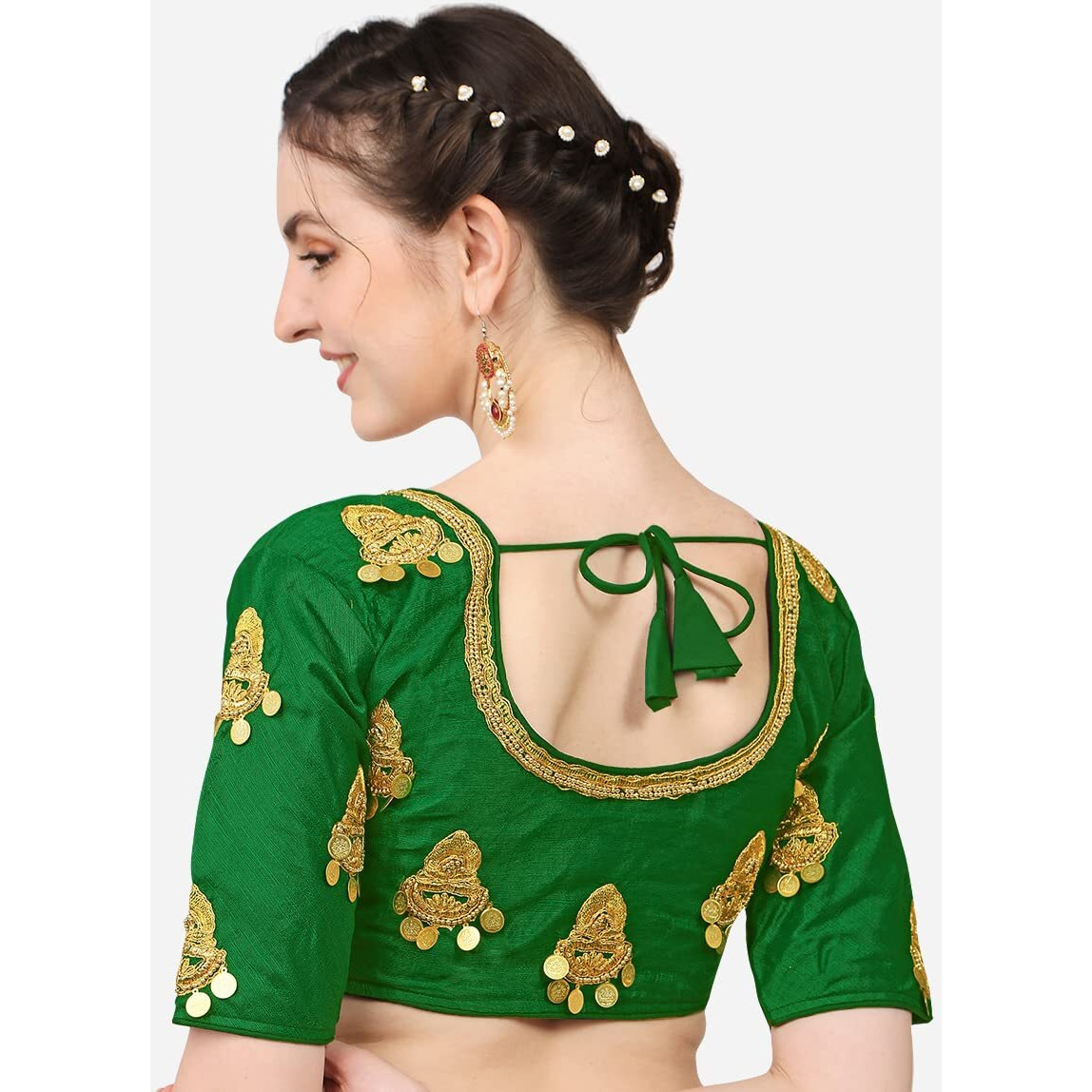 Pujia Mills Women's Silk Embroidery Maggam Lakshmi Coin Work Readymade Saree Blouse