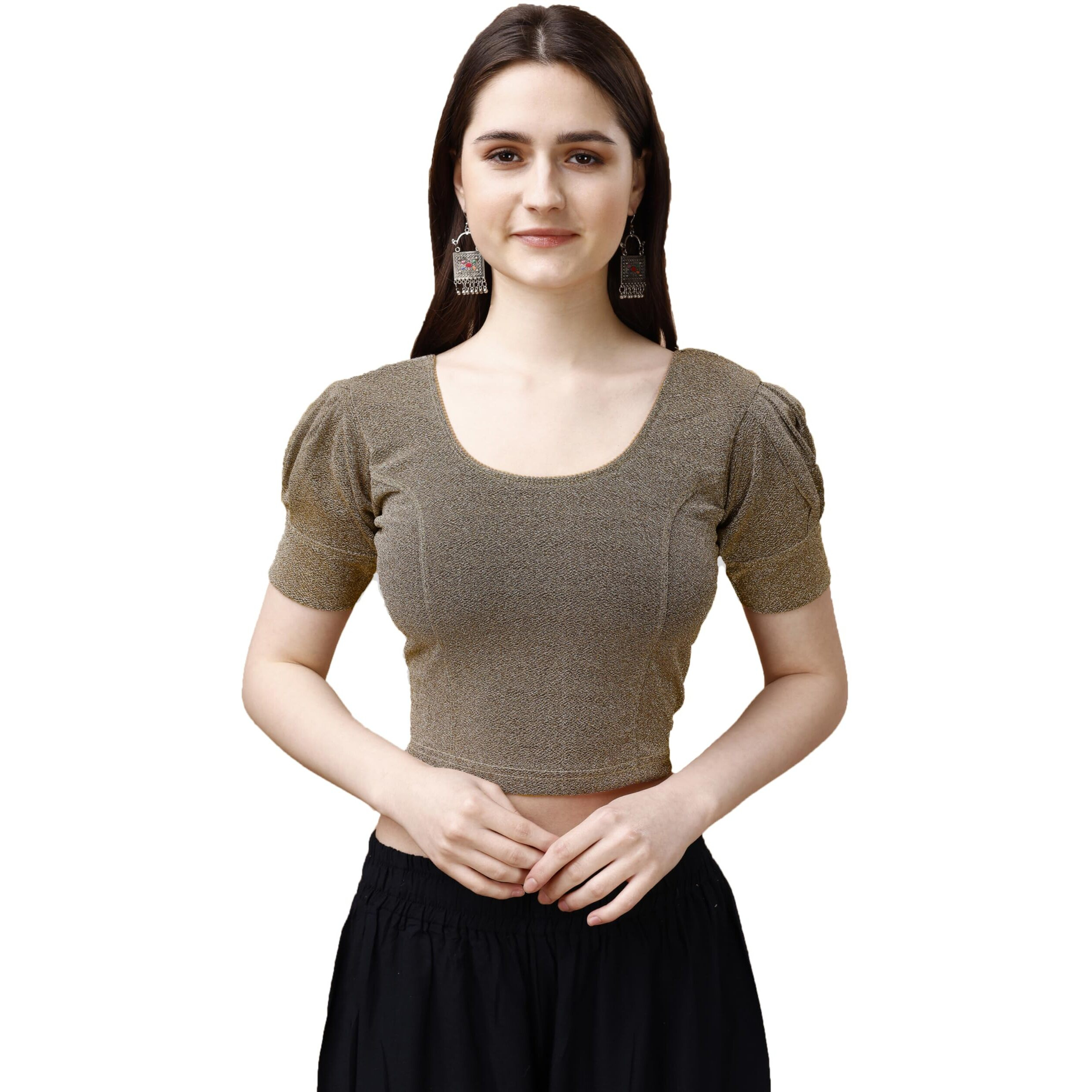 Pujia Mills Women's Readymade Shining Lycra Stretchable Round Neck Half Puff Sleeve Blouses Lycra Stretchable Off Gold Color Blouse For Women Readymade Saree Blouse