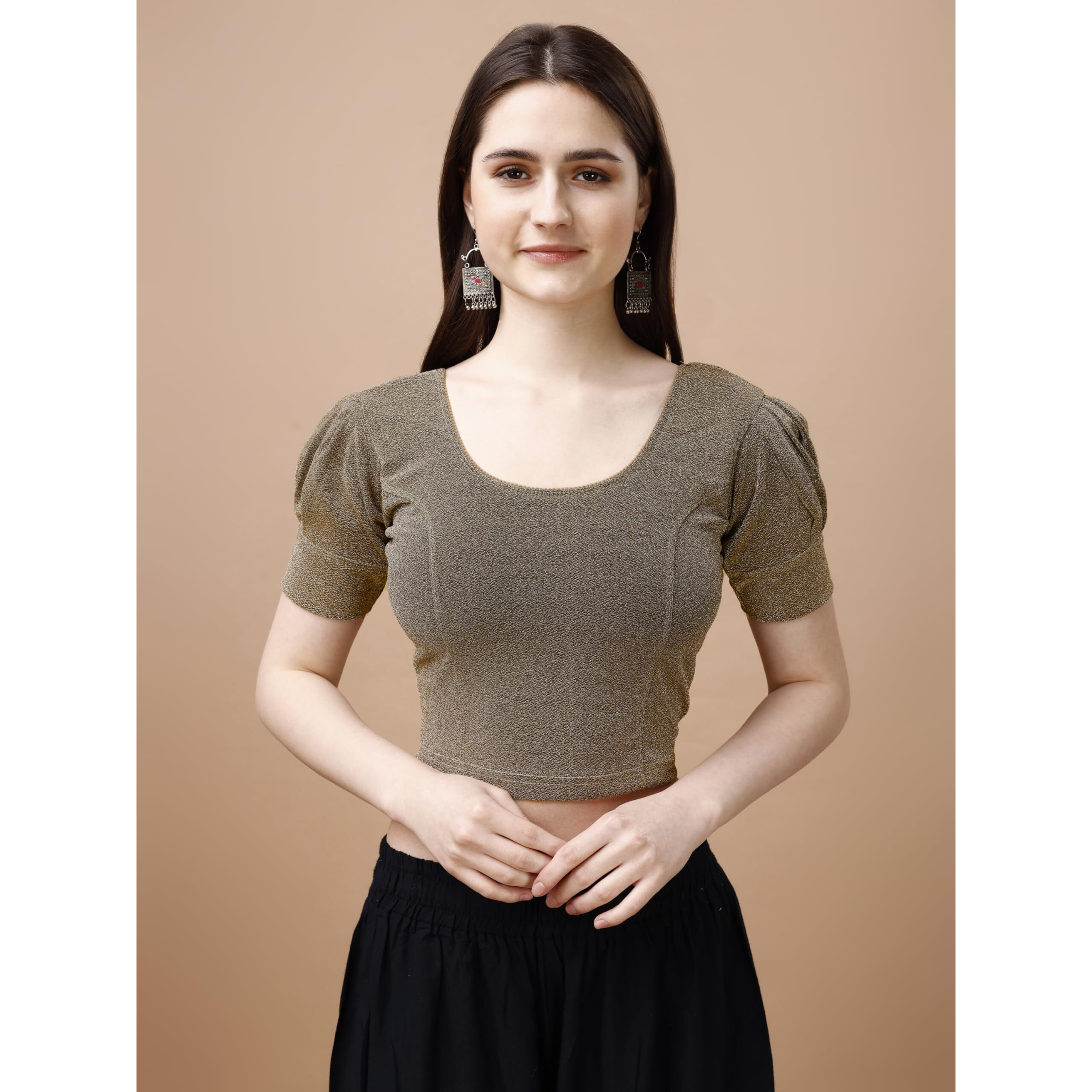 Pujia Mills Women's Readymade Shining Lycra Stretchable Round Neck Half Puff Sleeve Blouses Lycra Stretchable Off Gold Color Blouse For Women Readymade Saree Blouse