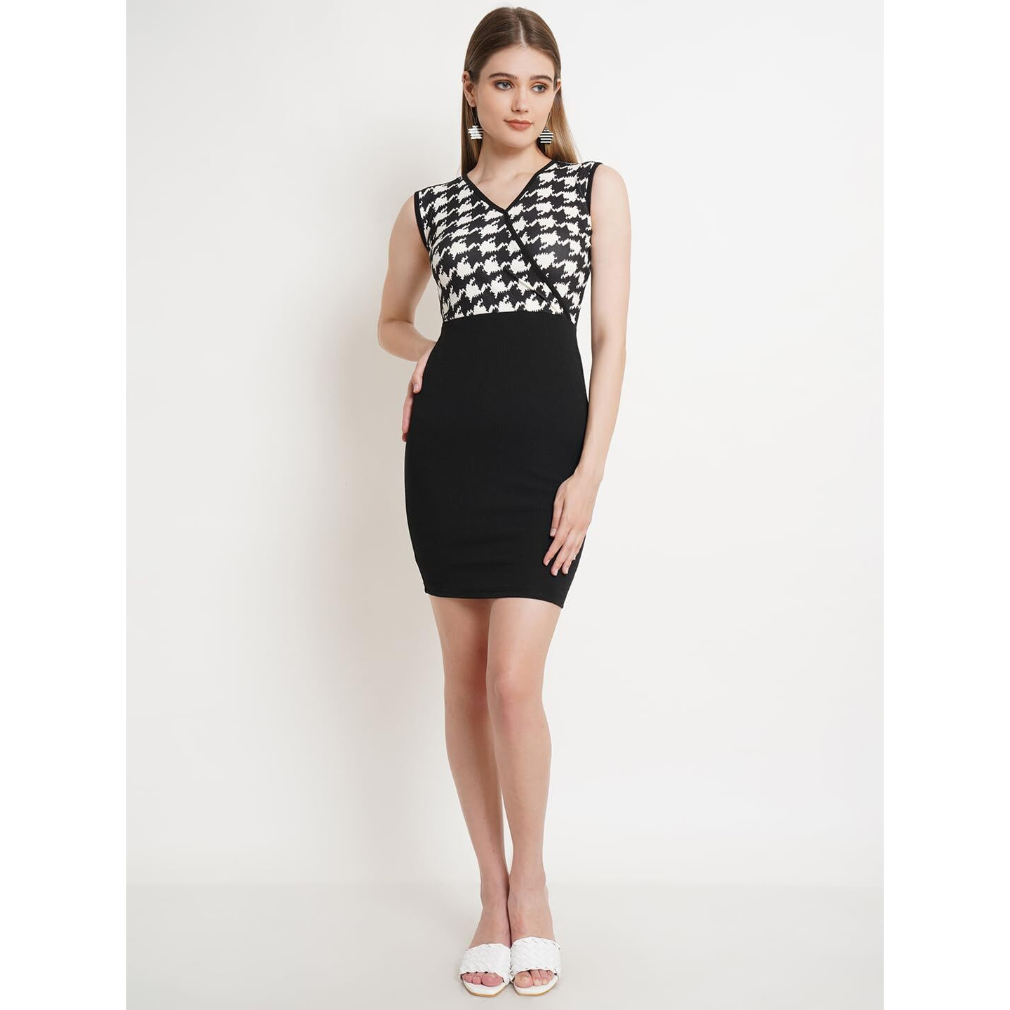 Popwings Women Casual Black & White Sleeveless Printed Knee Length Bodycon Dress | Dress For Women Dress For Women | Women Stylish Dress